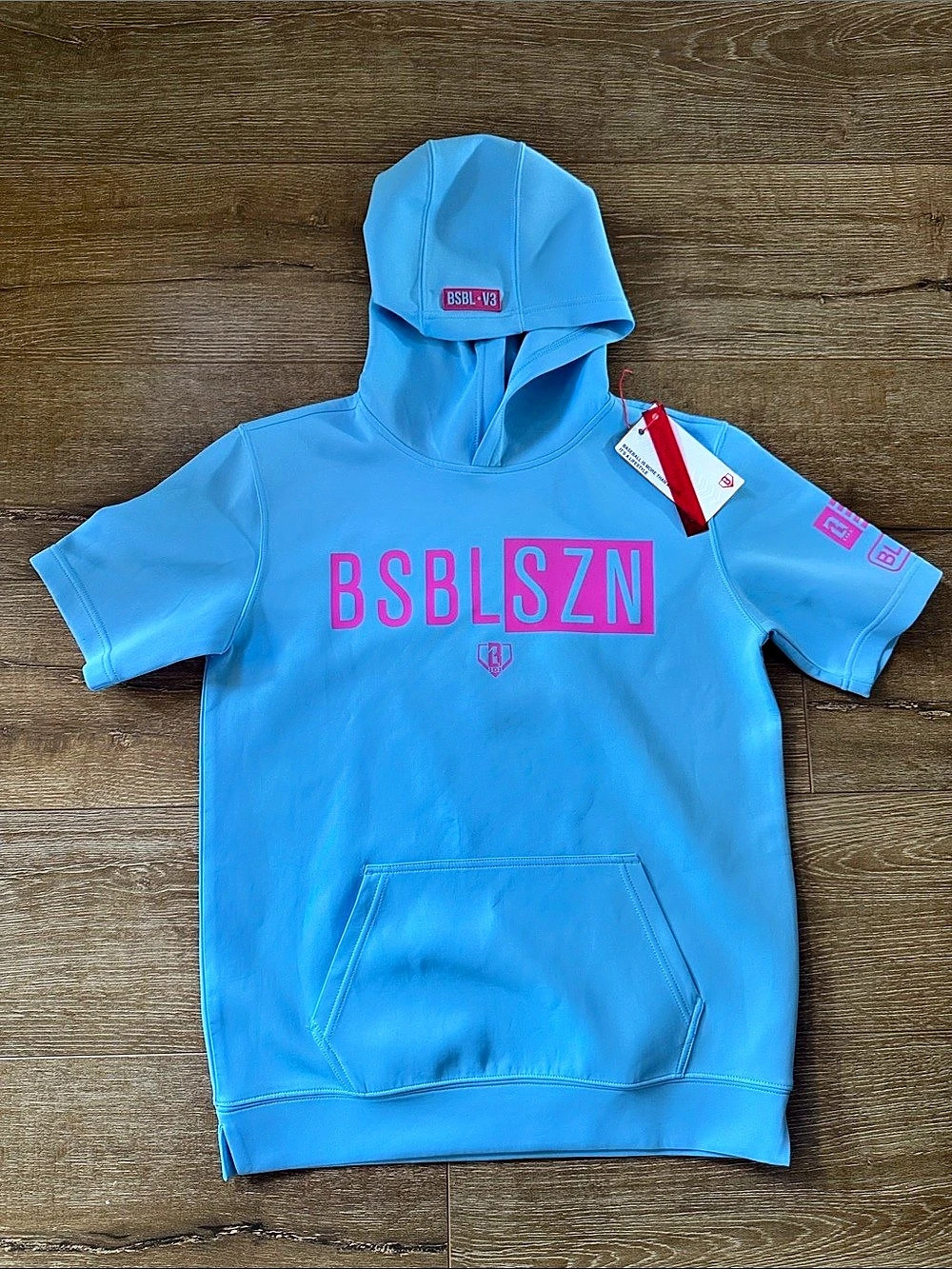 Baseball Lifestyle 101 - BSBL SZN short sleeve hoodie -  Blue Pink Youth Large -